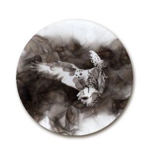 Smoked Owl No. 4, 2015; Suie sur tondo de bois