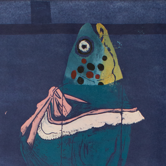 Lyne Lapointe, Femme-truite, 2015. Papier de soie bleu marin, 49,25 x 30 po. Photo : Suzanne Lemay